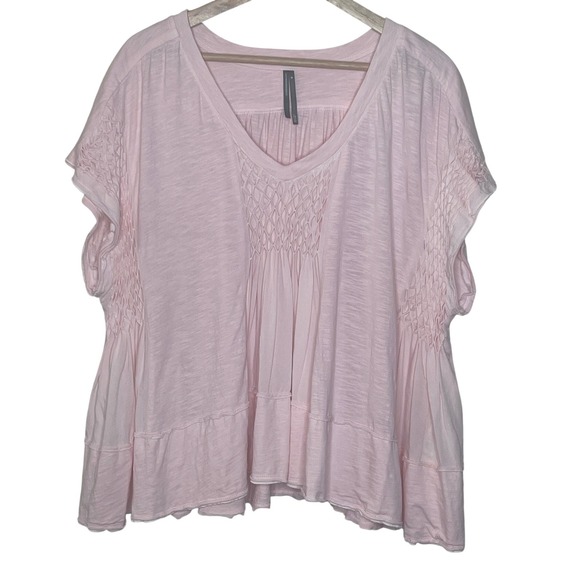 Anthropologie Tops - Anthropologie Light Pink Smocked V-Neck Peplum Top Relaxed Fit XL
